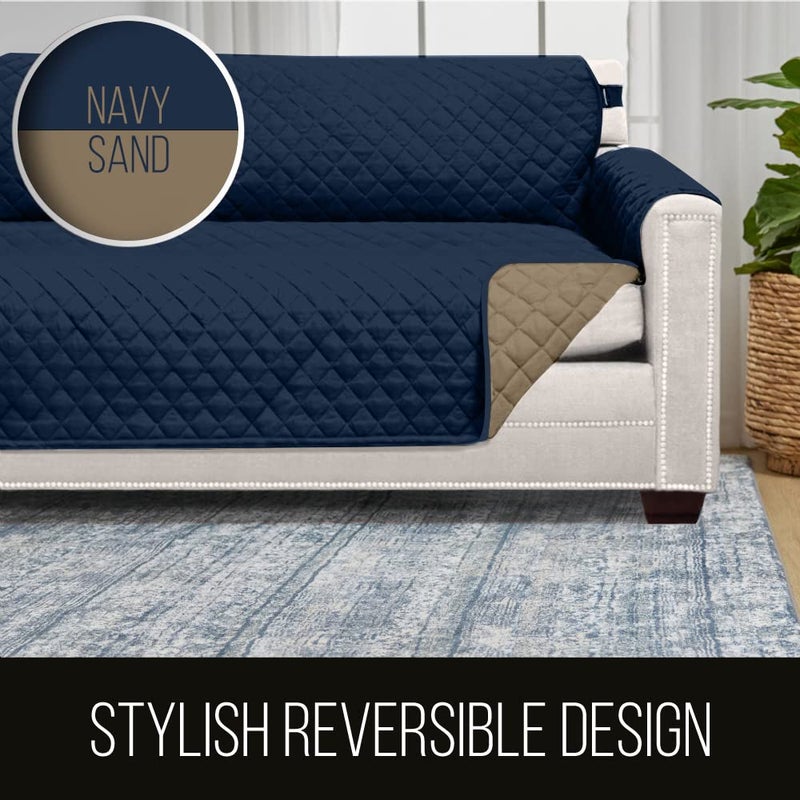 Sofa Shield Couch Slip Cover with Patented Strap, Cushion Protector, US Designed Reversible Stain and Dog Tear Resistant Slipcover, 70 inch Seat, Washable Covers for Dogs Pets, Navy Sand - Image 5